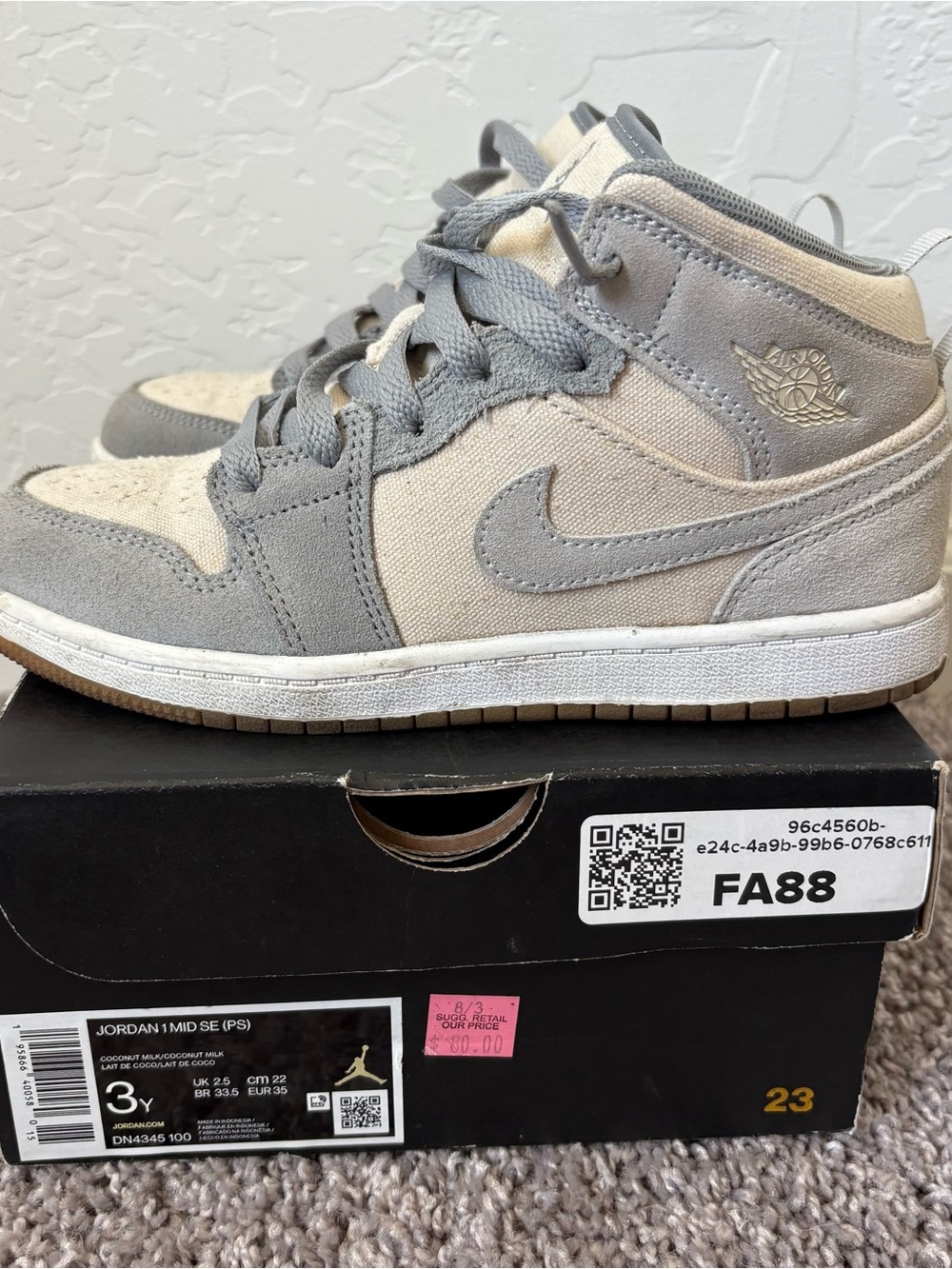 Jordan Kids Mid-Top Sneakers in Gray and Cream Yellow Youth 3 Women’s 5